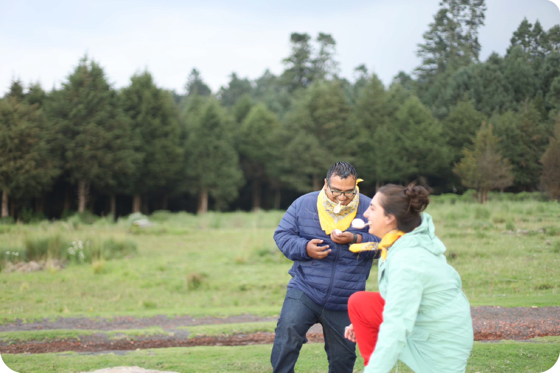Miembros del equipo participando en dinámicas de integración al aire libre para fomentar la confianza y la diversión.